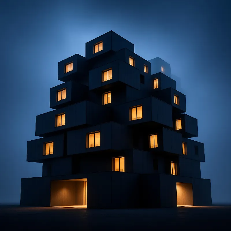 A tower made of unevenly stacked dark square volumes stands against a deep blue night sky, with warm light glowing from its scattered windows and ground floor openings.