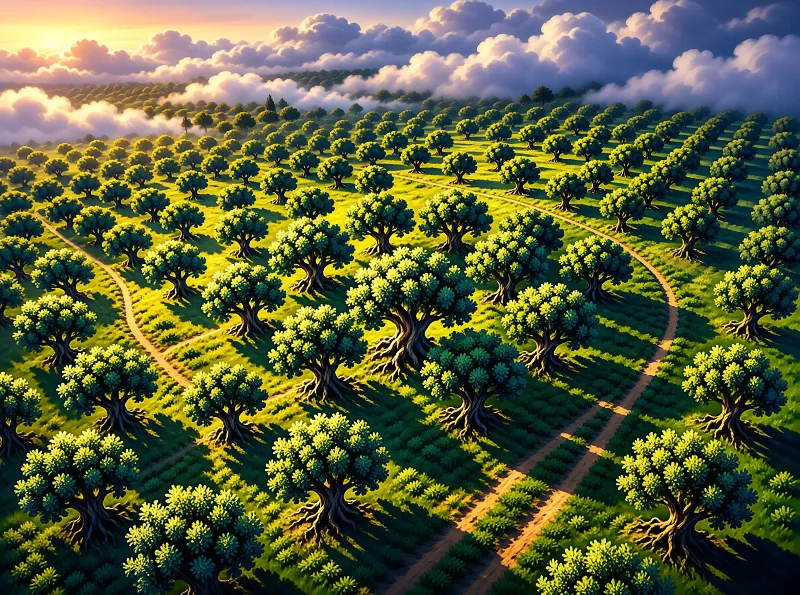 A wide view of rows of trees in a green field with winding paths and low clouds under a warm sky.