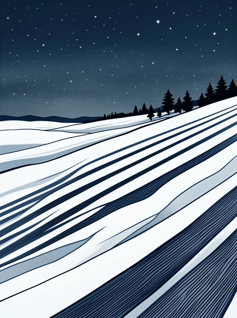 Wind-swept snowfield with carved patterns beneath starry night sky and silhouetted coniferous trees on a hillside