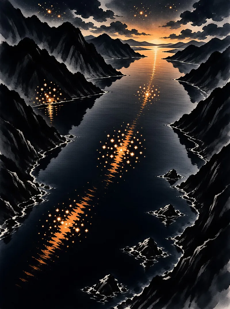 Dark ink mountains surround a dark river reflecting a bright orange sunset glow with scattered sparkling lights.
