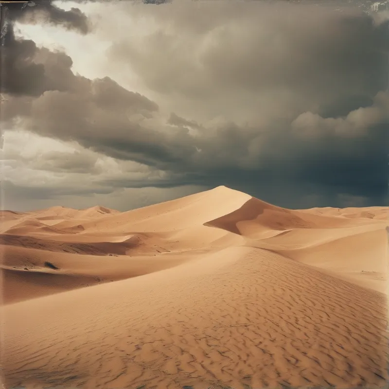 Rolling sand dunes stretch across the foreground while heavy dark clouds gather in the sky above the desert landscape.