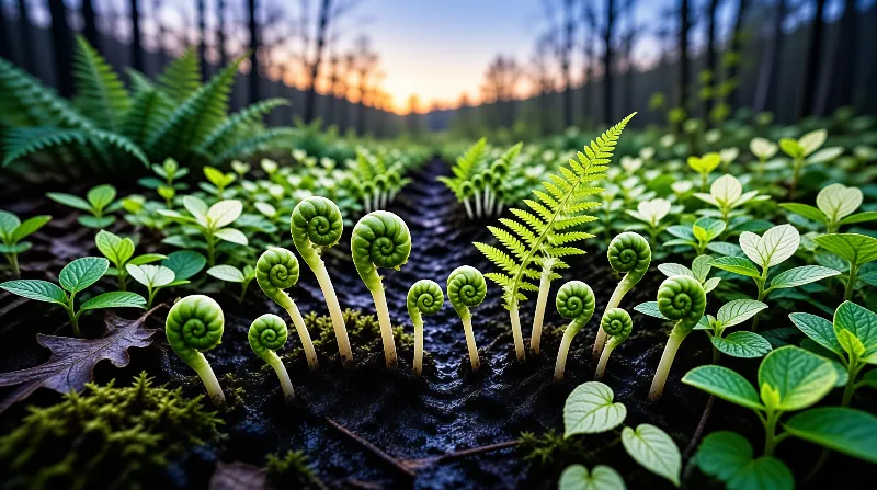 Young green fern fronds curl upward from a dark log surrounded by lush forest undergrowth and distant sunlight.