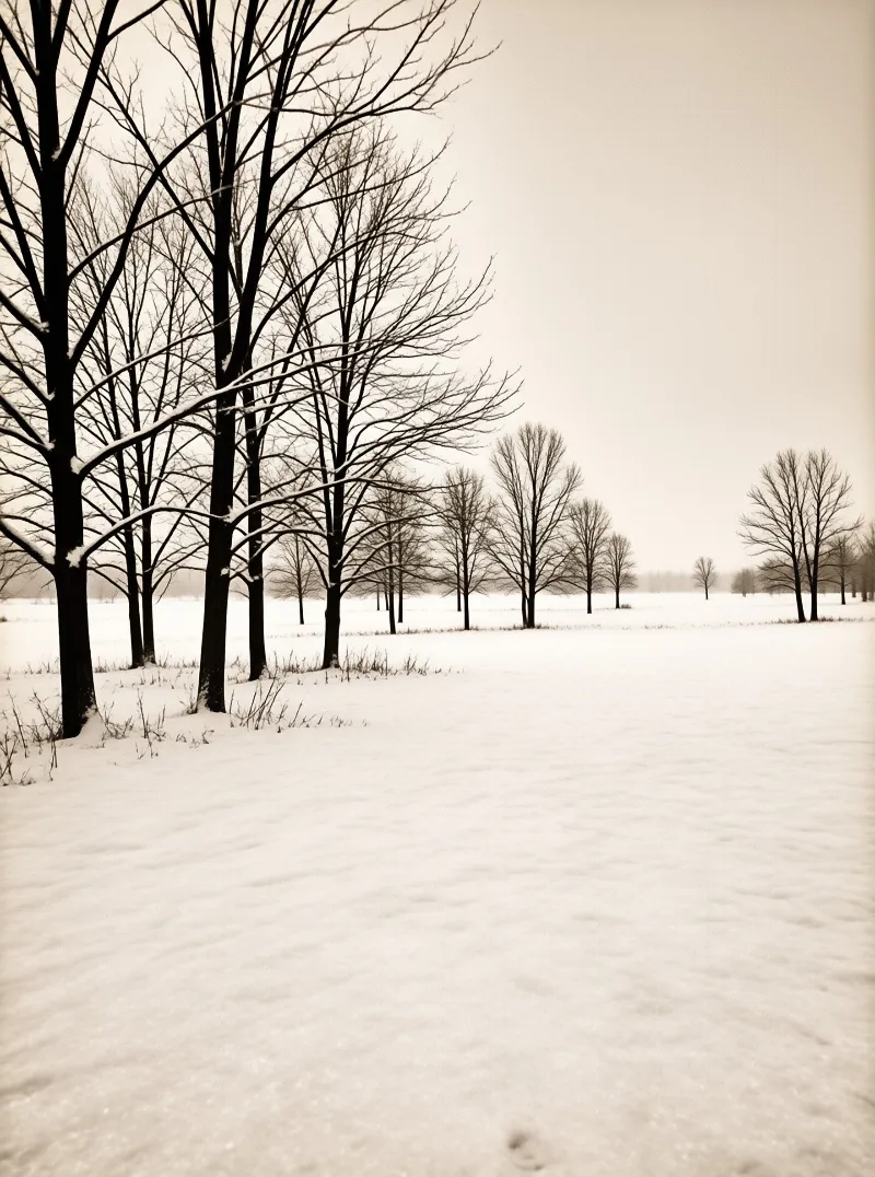 Tall bare trees stand in a flat snow covered field beneath a pale overcast sky