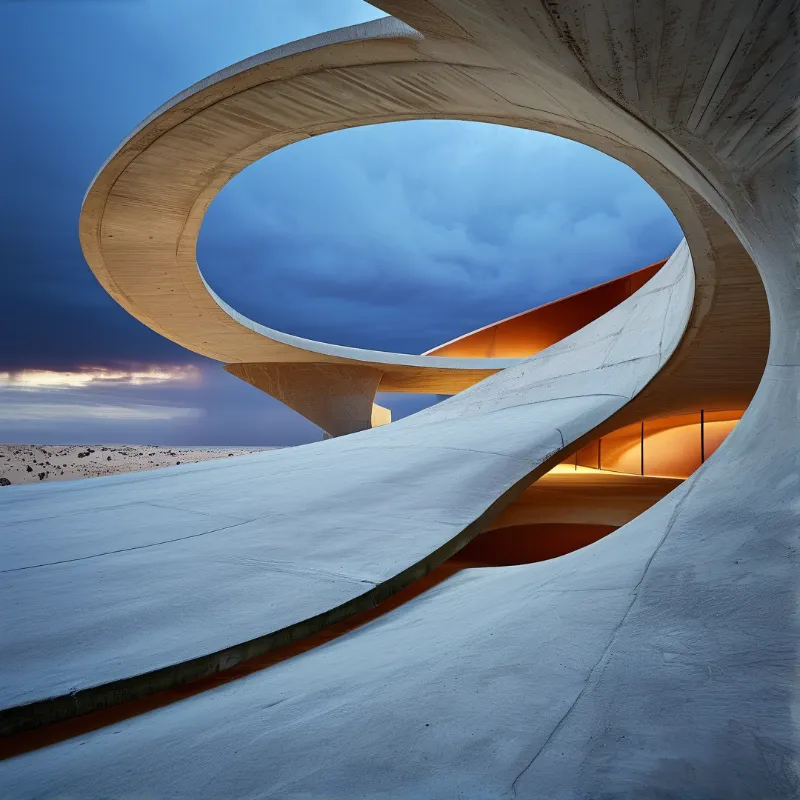 Sweeping bands of pale concrete coil around a glowing amber interior beneath a stormy blue sky