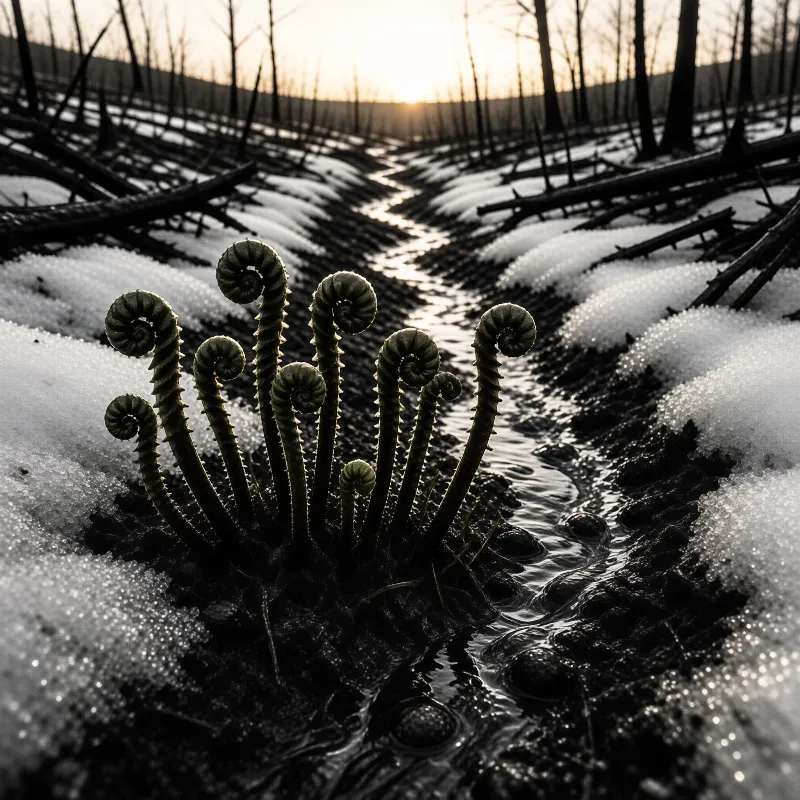 A cluster of unfurling fern fronds sprouts from dark wet soil beside snow with a sunlit channel toward bare trees