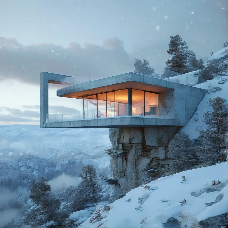 Sleek modern building juts out over a snowy slope revealing glowing windows against the cold blue landscape.
