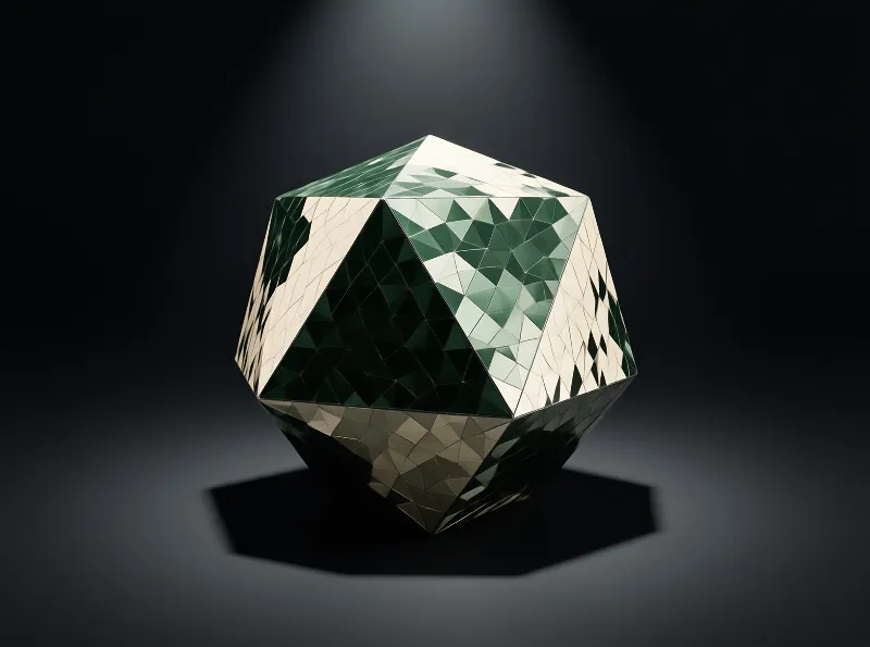A low poly geometric sphere covered in triangular facets of deep green and cream, lit by a single overhead light.