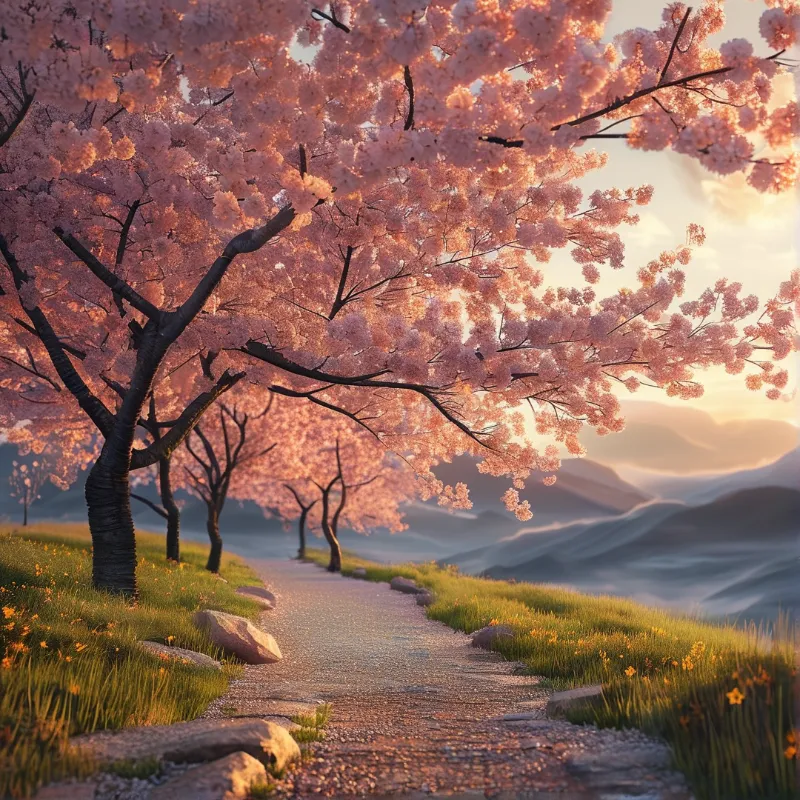 Cherry Blossom Path at Dawn