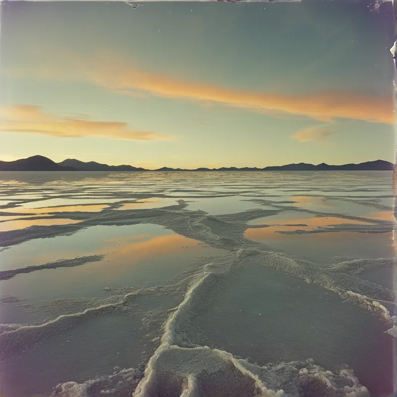 Shallow water channels across a vast salt flat reflect the amber tones of the sunset sky above distant mountain silhouettes.