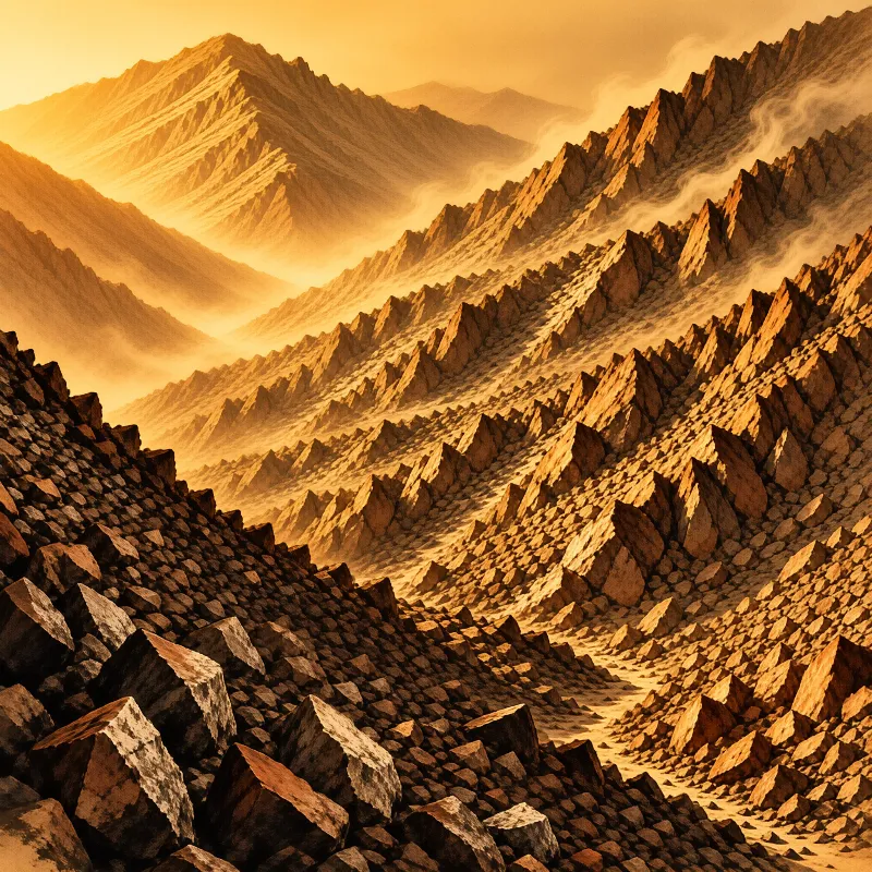 Jagged rock formations rise sharply against a hazy orange sky as sunlight hits the peaks.