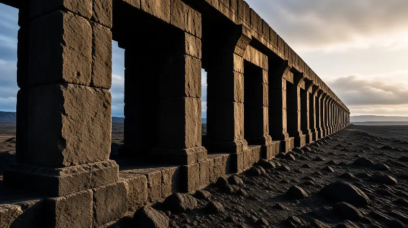 A long ruined stone colonnade stretches across a barren rocky plain under a sky with soft golden light at the horizon.