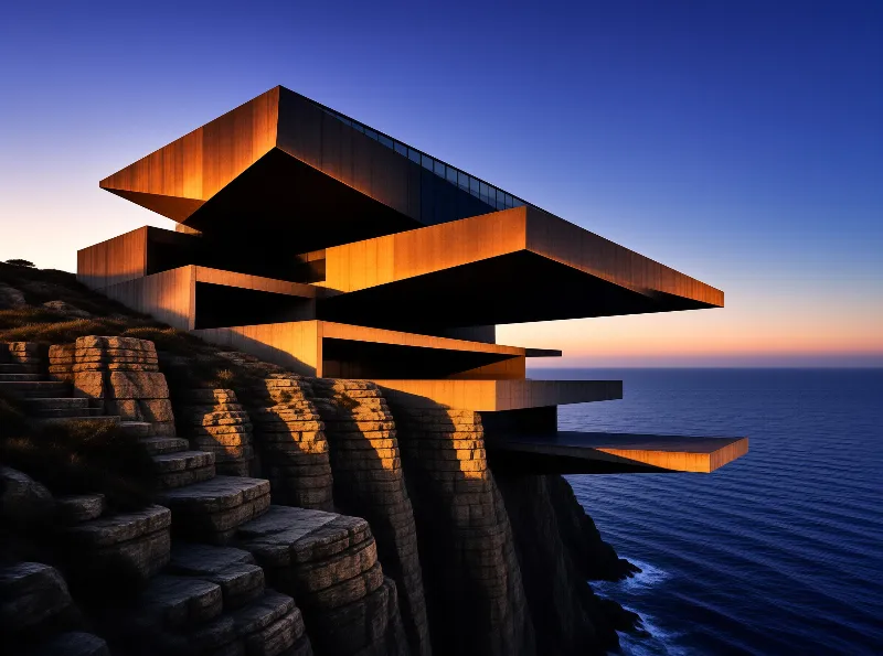 Stacked rust-coloured terraces project over layered rock as sunset light warms the ocean horizon.
