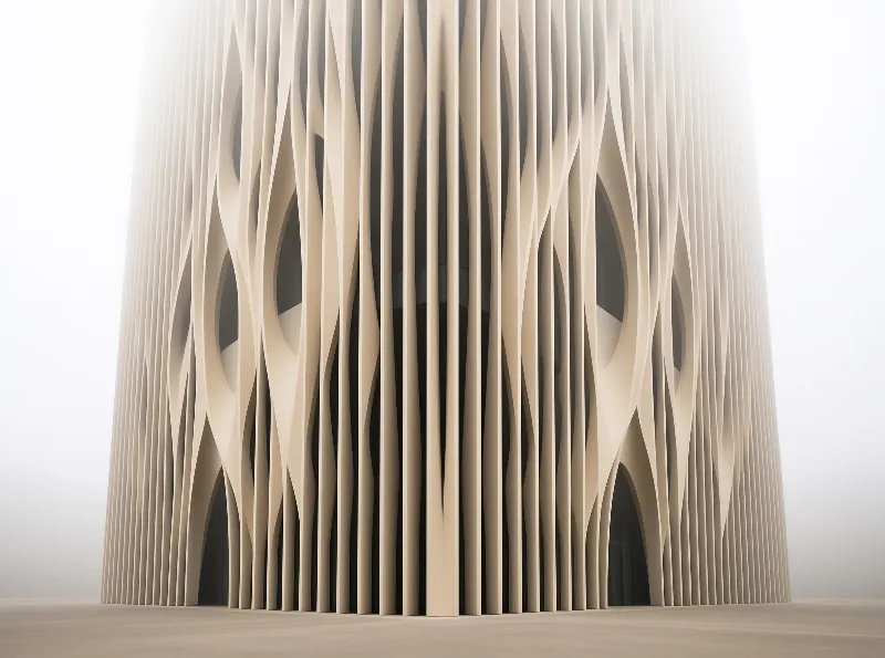 Vertical sand colored fins curve apart to form tall oval openings on a smooth building face fading into white mist.