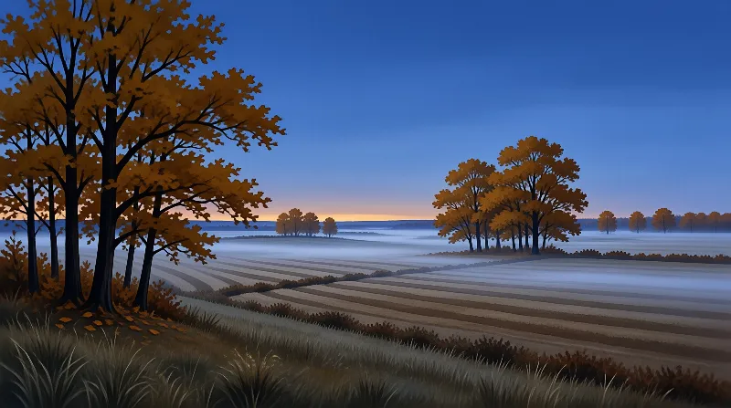 Golden lobed trees sit at the edges of fog-covered plowed fields, with a faint warm orange glow along the horizon beneath a clear deep blue sky.