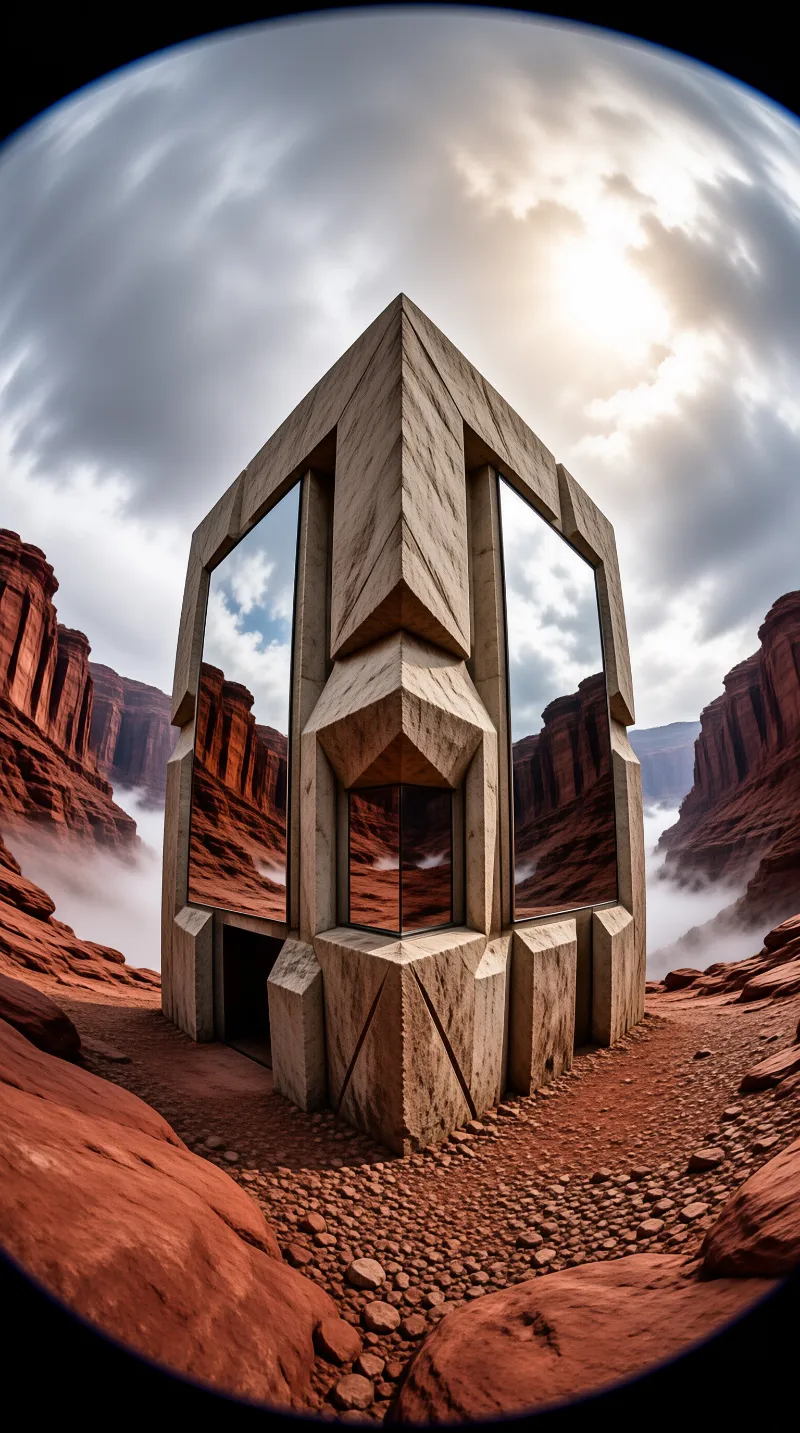 Angular monument stands amidst red desert cliffs with reflective surfaces catching the cloudy sky and valley mist.