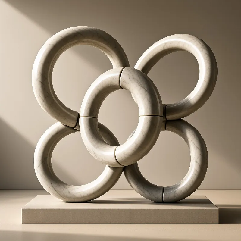 Interlocked beige stone rings create a geometric sculpture resting on a rectangular pedestal with soft directional shadows
