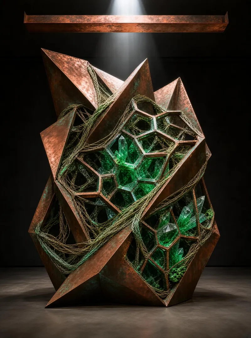 Metallic Geometric Sculpture with Crystals