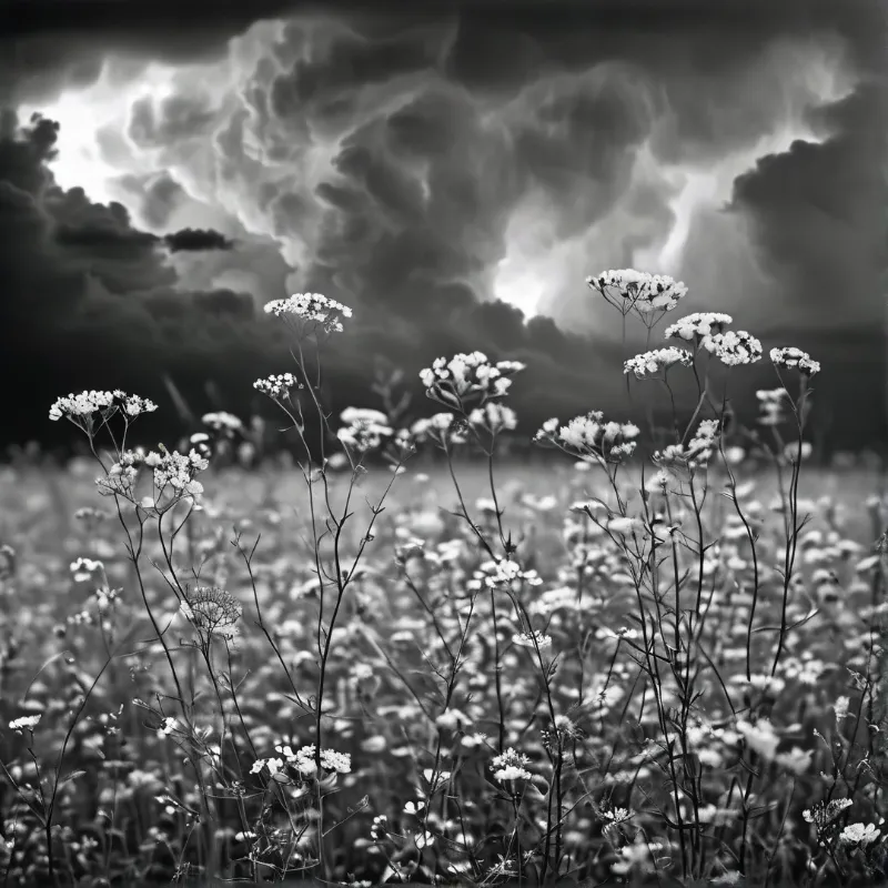 Small white flowers sway in a field beneath a sky filled with heavy storm clouds.