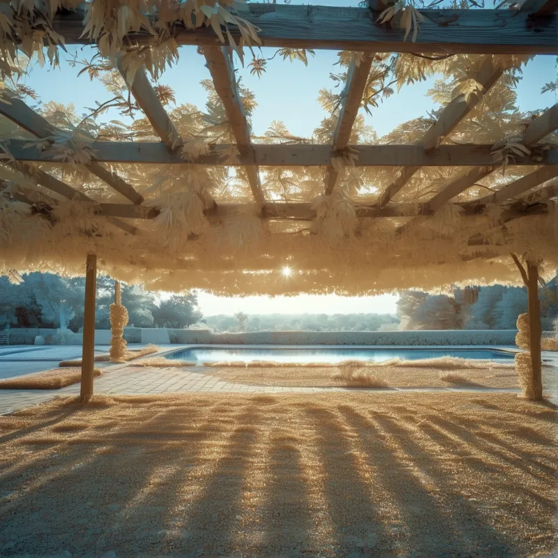 Sunlight shines through a dry foliated wooden pergola framing a sparkling pool and distant treeline at a sunlit open patio.