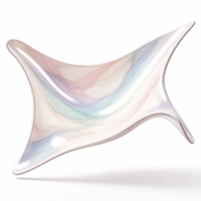 A concave star shape with a glossy pearlescent finish showing pastel rainbow colors against a clean white background.