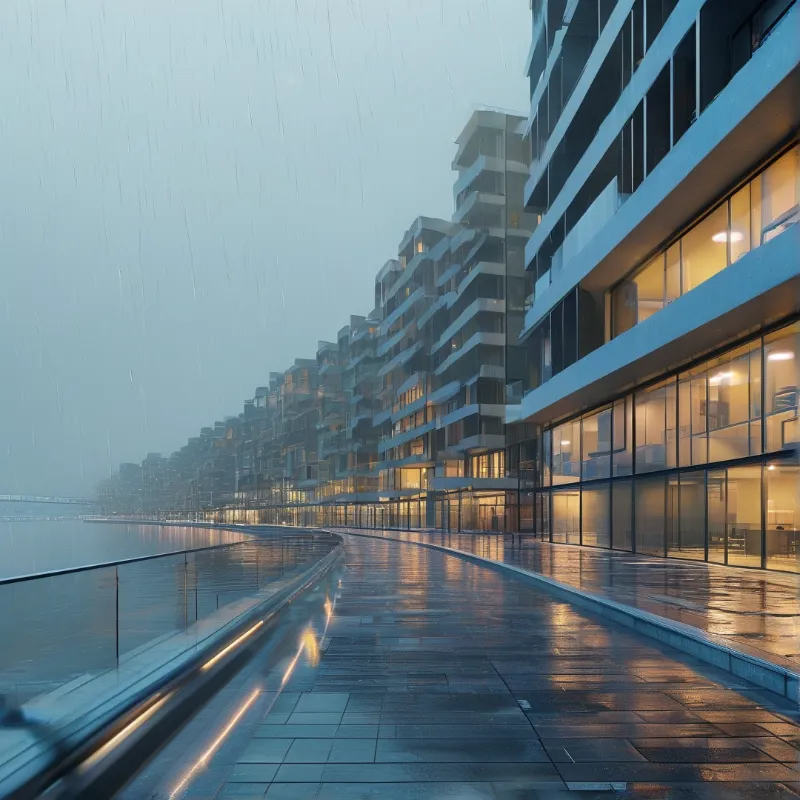 A wet curved promenade reflects the warm interior lights of modern residential buildings during a heavy rainstorm.