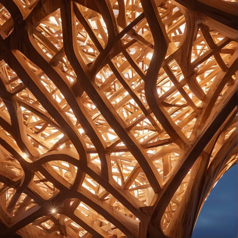 Interwoven wooden beams create a warm glowing lattice canopy viewed from below with a section of blue sky at the corner.