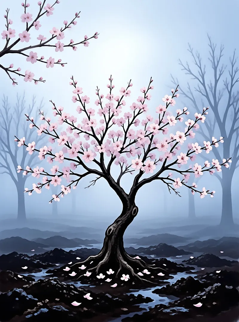 A solitary cherry blossom tree blooms in a misty blue forest with scattered petals on rocky ground.