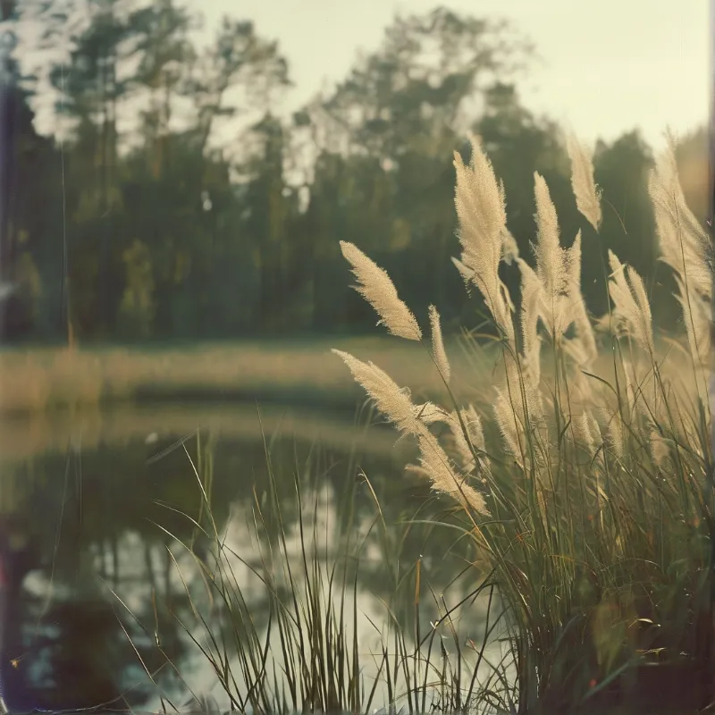 Pale pampas grasses catch soft warm light on the edge of a still reflective lake, with a dim blurred forest in the background.