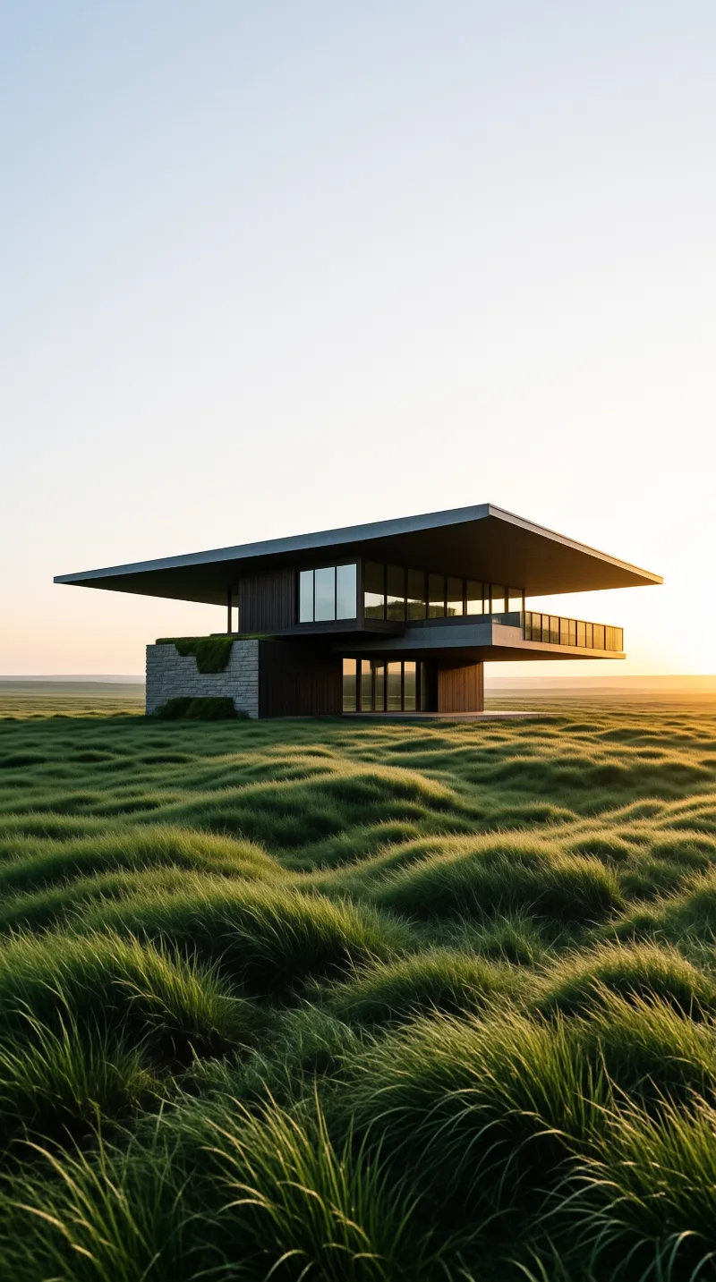 A minimalist structure with large windows and a flat roof stands isolated in a sweeping expanse of long green grass under a glowing sky.