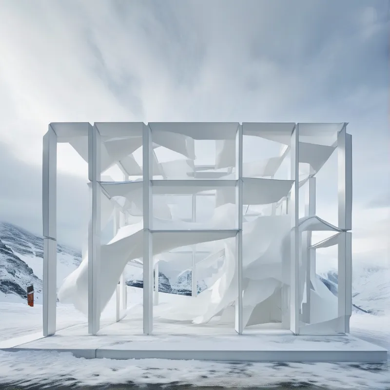 White angular frames and flowing forms define a structure on a snowy platform with mountains behind under a cloudy sky