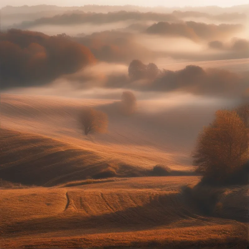 Undulating terrain shrouded in low clouds with scattered trees under a warm orange sky