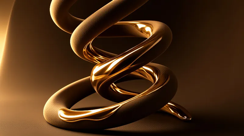 A golden spiral twists against dark warm background, featuring smooth metallic textures and bright highlights on the 3D object.
