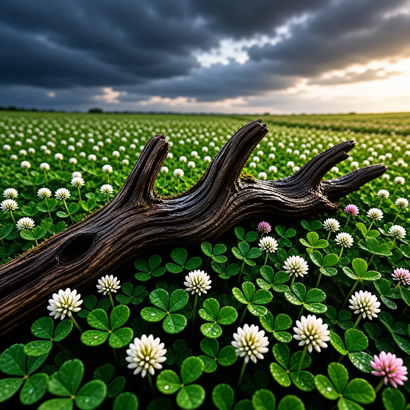 Weathered driftwood rests upon a lush meadow filled with white clover flowers under a heavy overcast sky.