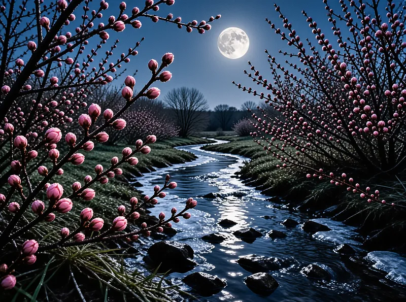 Pink flower branches arch over a winding river reflecting the bright full moon during the night.