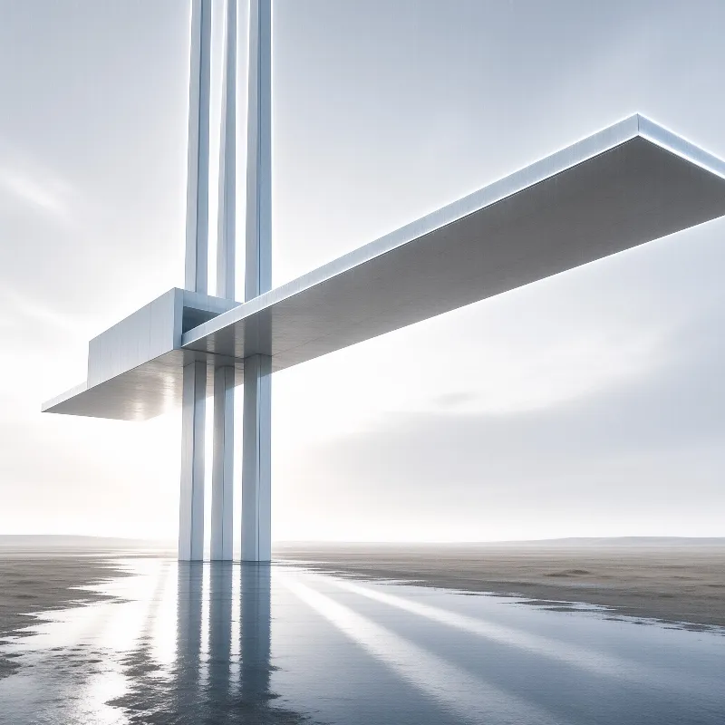 A stark cross-shaped structure stands in a vast salt flat, reflecting in shallow water under a pale sky.