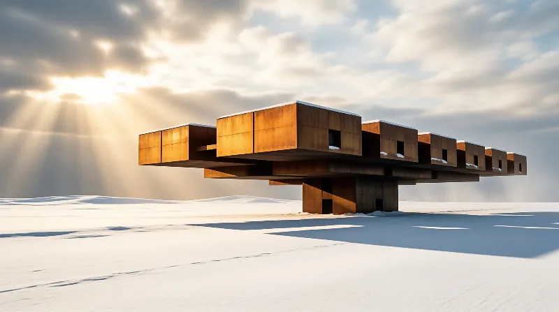 A rust-colored cantilevered building stands alone on a vast snowy expanse illuminated by sunlight piercing the clouds.