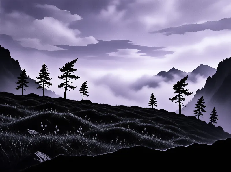 Dark pines line rolling hills while mist fills the valleys beneath lavender clouds