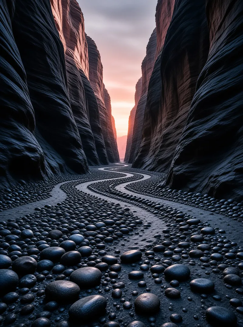 A trail of dark pebbles meanders between towering rock walls under a soft pink sky.