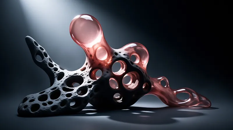 Abstract 3d object combining porous black rock texture with glossy red glass extensions illuminated by soft studio lighting.