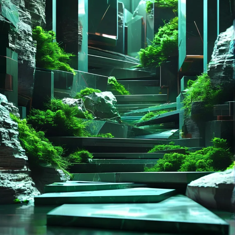 Tiered architectural platforms covered in lush green vegetation emerge from rocky walls under a pervasive cool cyan glow.
