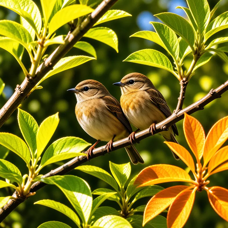 Two small brown birds perch side by side on a branch surrounded by bright green and orange leaves in sunlight.
