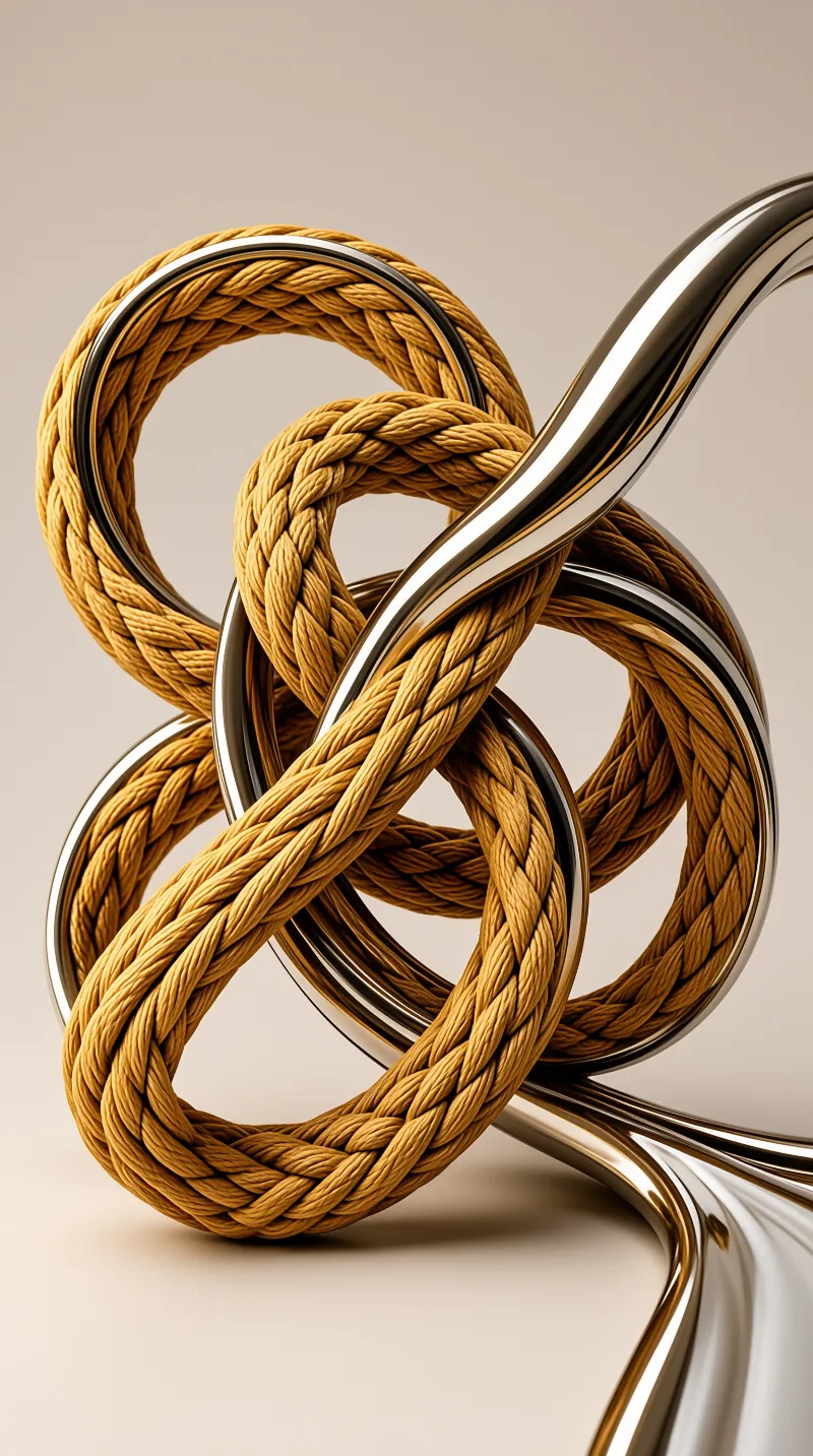 Yellow braided rope forms a complex knot interlaced with highly reflective silver metal rings on a soft beige surface.