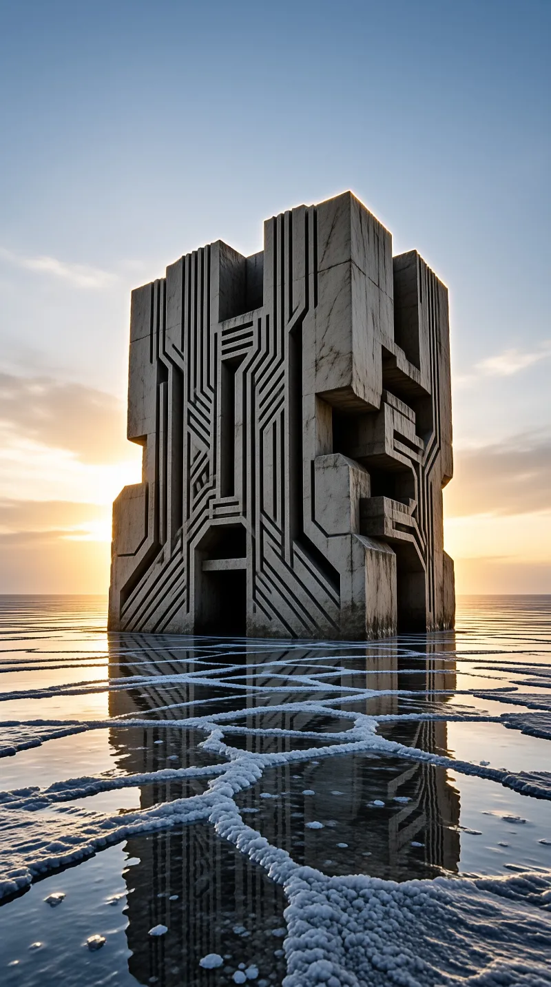 A large carved stone structure rises from reflective salt flat waters during golden hour lighting.