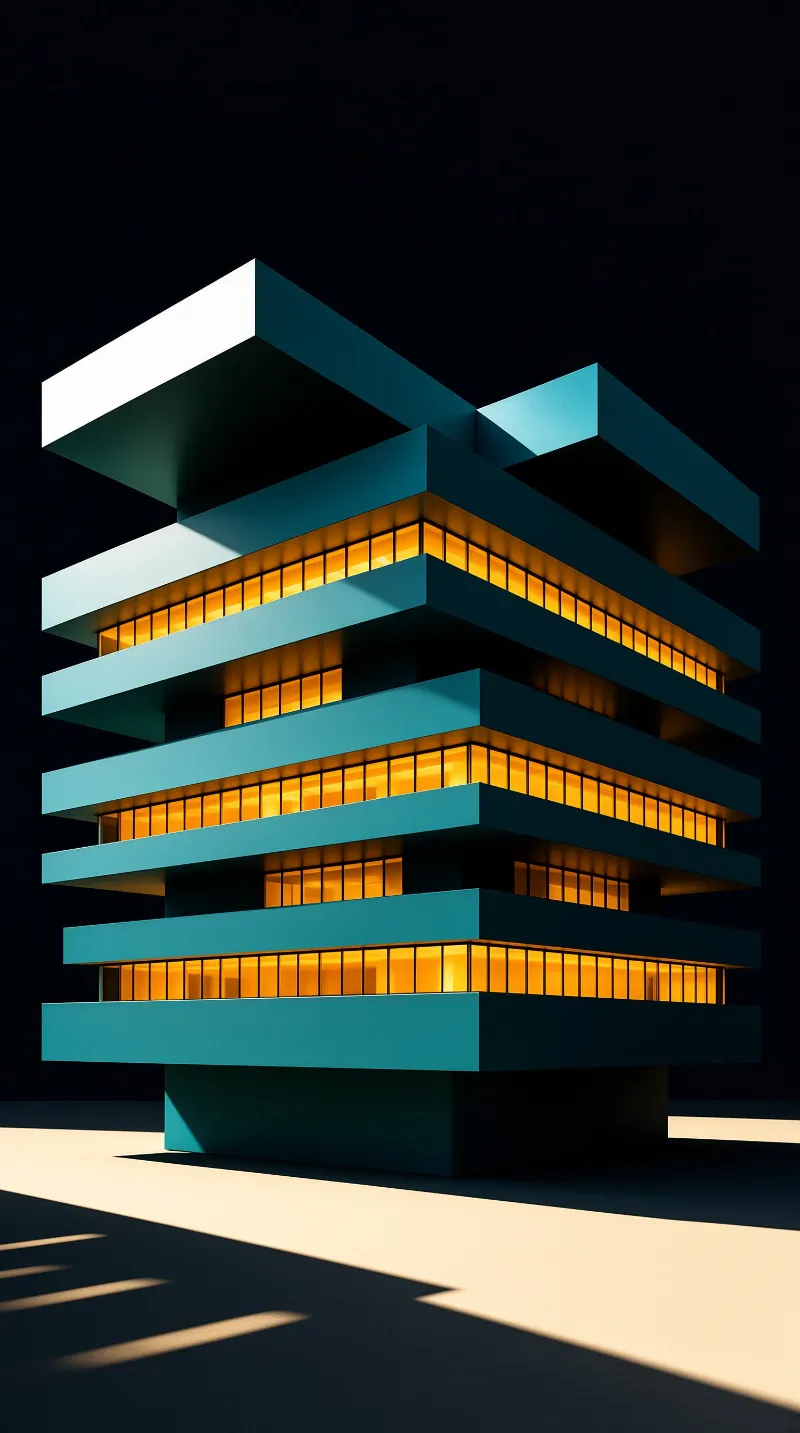 A stacked teal building rises against a dark void featuring horizontal bands of warm orange light.