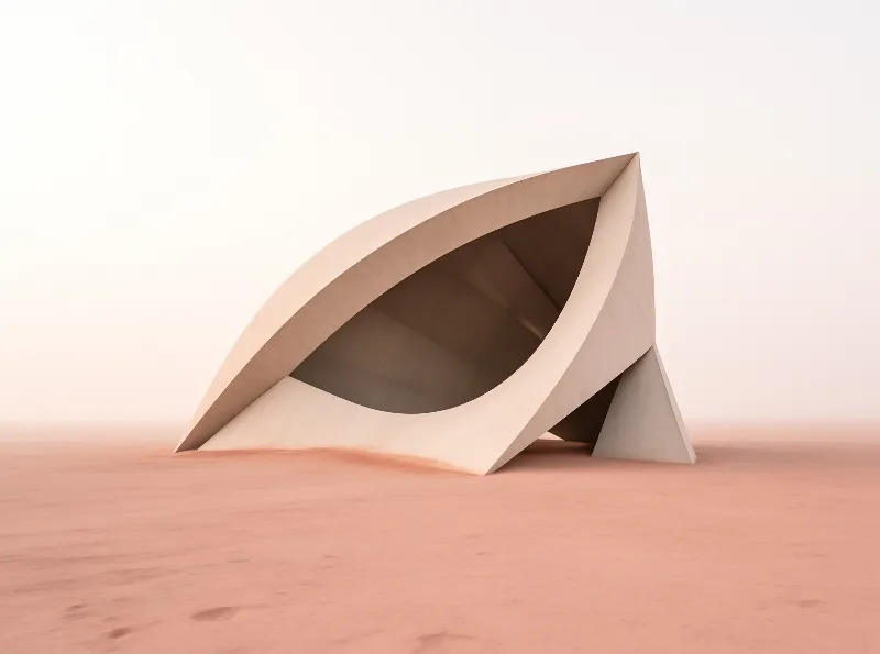 A curved concrete architectural form stands isolated on a flat pink sandy surface under a soft pale sky.