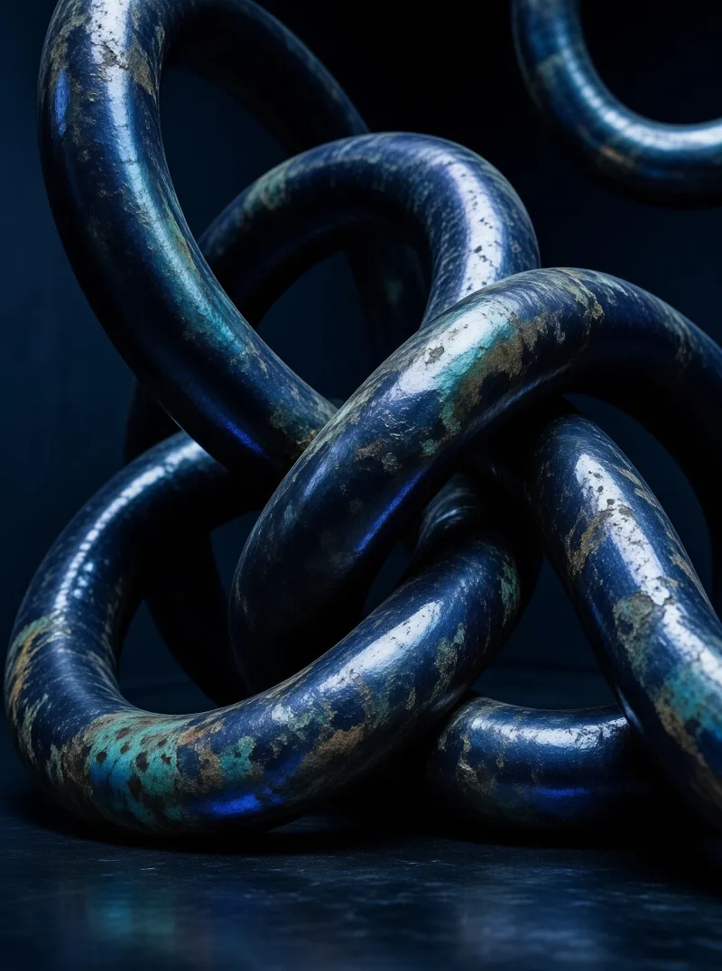A thick twisted metallic structure featuring teal and brown rust sits within a dark void with bright reflections.