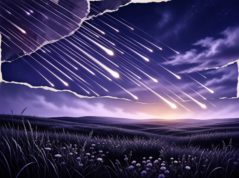 Bright meteors streak across a torn purple night sky above a field of wildflowers.