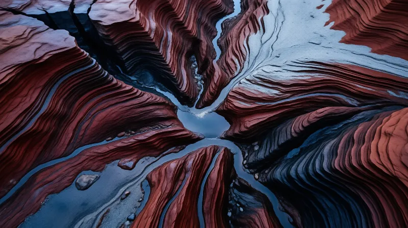 Surreal landscape showing wavy reddish rock layers cut by streams of pale blue water under cool ambient light.