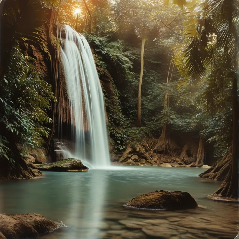 A silky white waterfall pours into a calm emerald pool surrounded by dense green foliage and beams of warm golden sunlight.