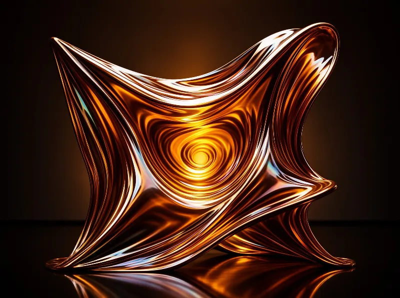 A reflective amber form curves inward creating a bright spiral center against a black surface.